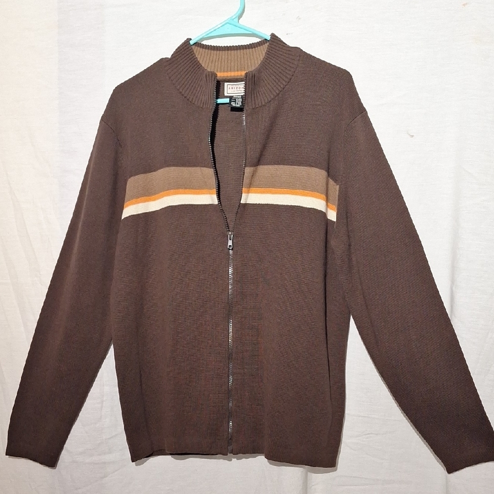 3/$20--Brown Knit Zip Up Men's Sweater With Stripes And Crew Neck, Sz. L., NWOT - Picture 8 of 13